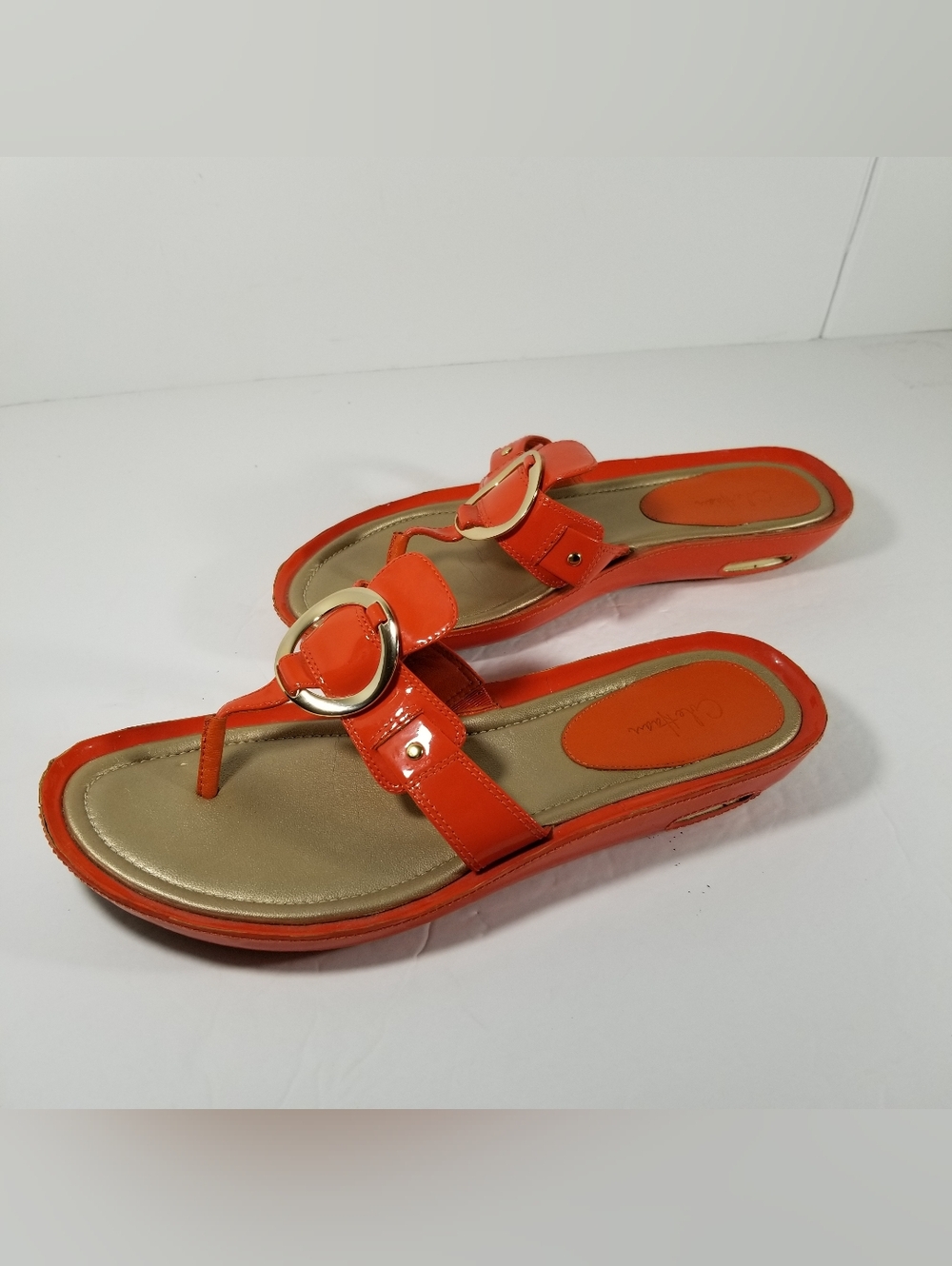Cole Haan NikeAir Sandals Women's Size 11B Orange Gold Wedge Thong Shoes